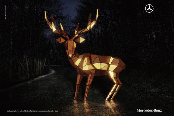 See better in the dark. The night vision assistant of Mercedes-Benz Print Advertisement