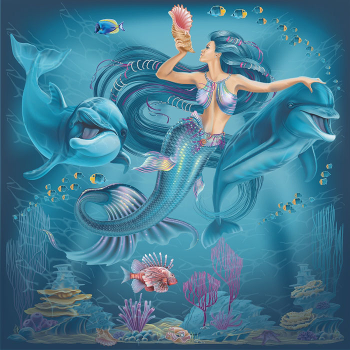 Mermaid and Dolphins Vector Scene Illustration