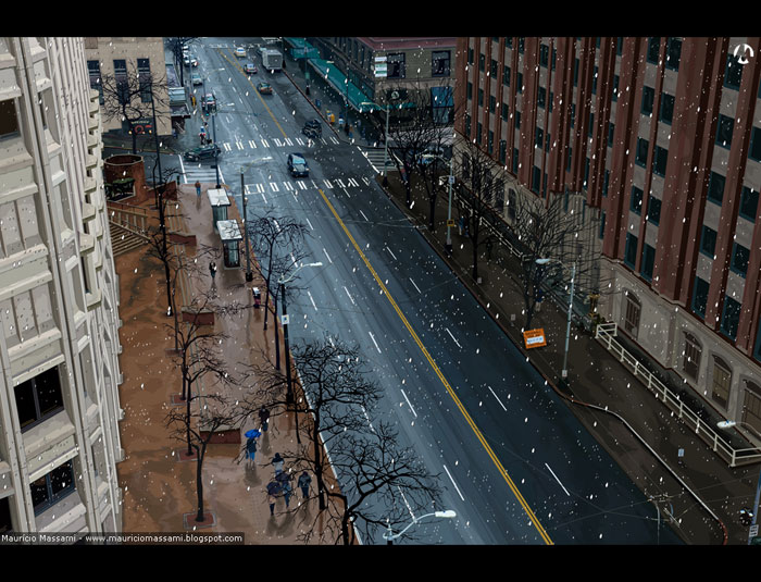 Snowstorm in the City Vector Scene Illustration